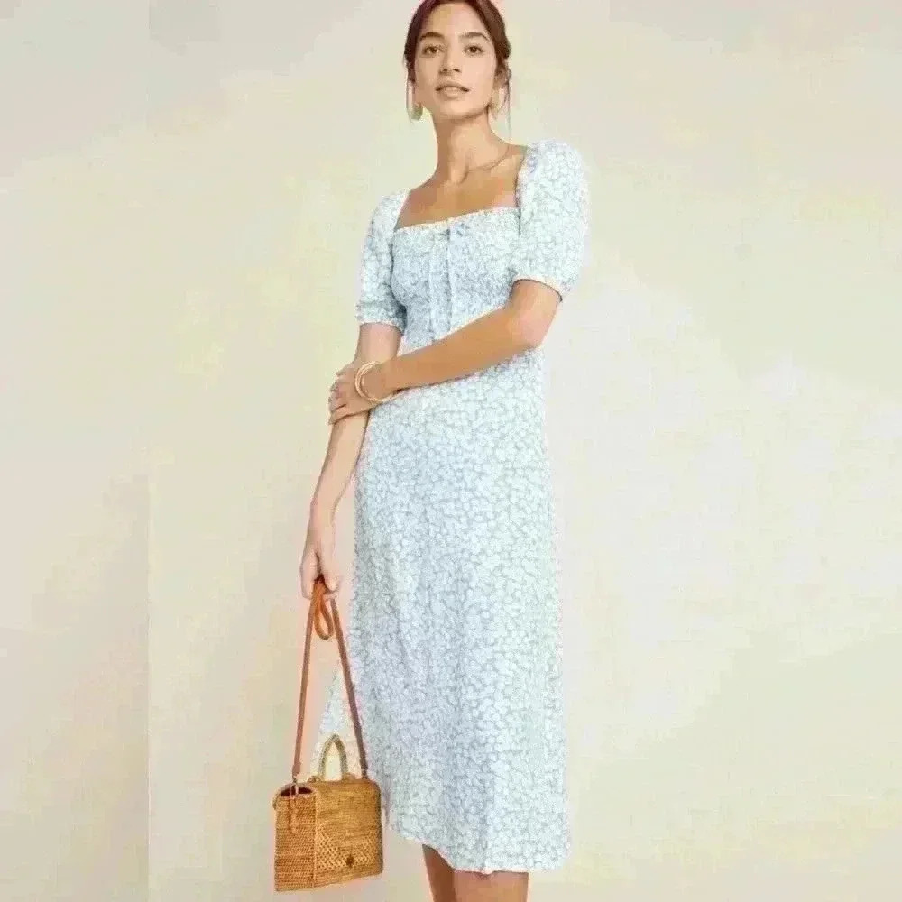 Faithfull The Brand Summer Floral Midi Dress Sky Blue XS 2 Smoked | Puff Sleeve
